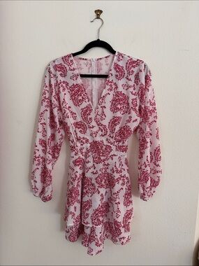 Floral Wrap Long-Sleeve Mini skort Dress in White and Red